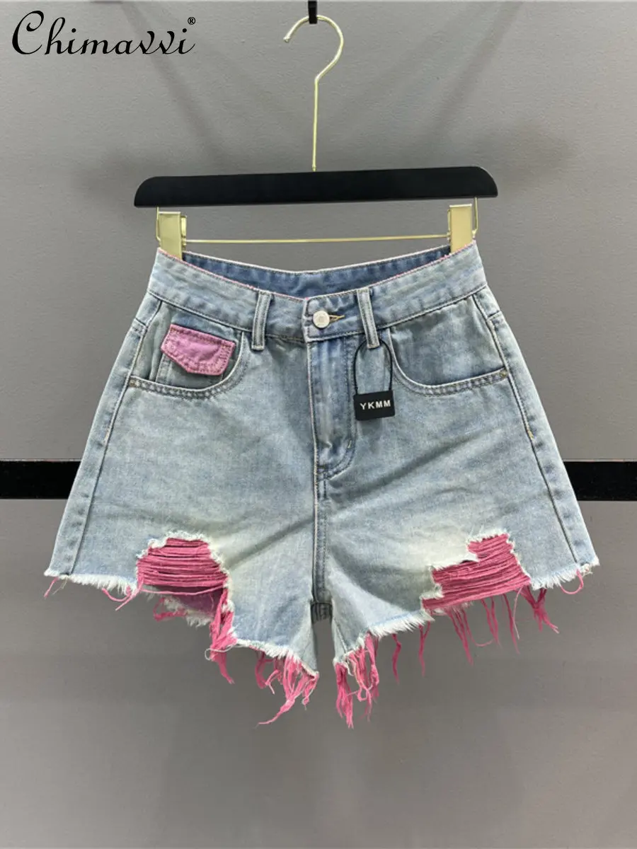 

Colorful Ripped Denim Shorts Women 2023 Summer New High Waist Slim Hot Girl Shorts A- Line Rough-Edge Wide-Leg Shorts Hot Pants