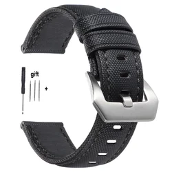 Stitching Sailcloth Nylon Canvas & Leather Watch Band Bracelet - Black Blue - 20mm (Black)
