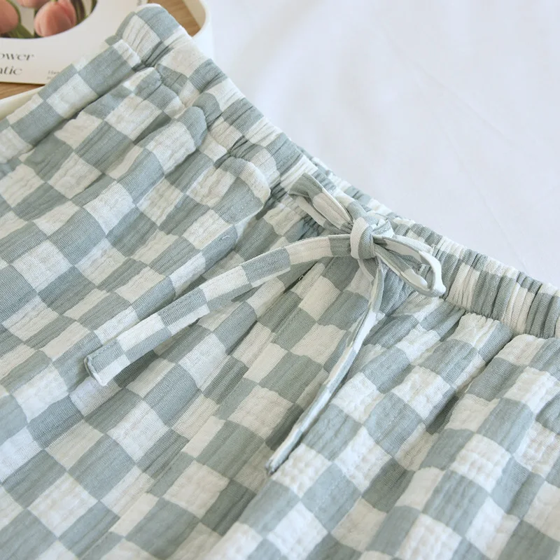 2023 Japanese Summer New Women's Pajama Pants 100% Cotton Crepe Simple Plaid Shorts Ladies Triple Pants Home Pants Cute bottoms