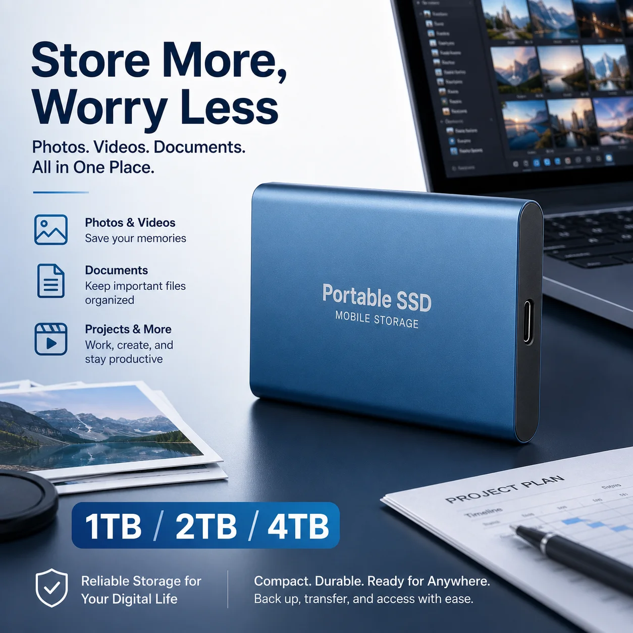 External SSD 1TB 2TB Portable Solid State Drive USB3.2 Type-C File Store for Laptop Mac Computer 4