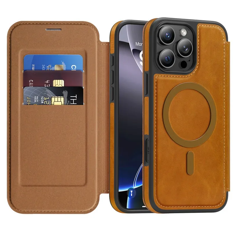Wireless Charging Retro Leather Flip Wallet Case with Card Slots and Magnetic Closure
