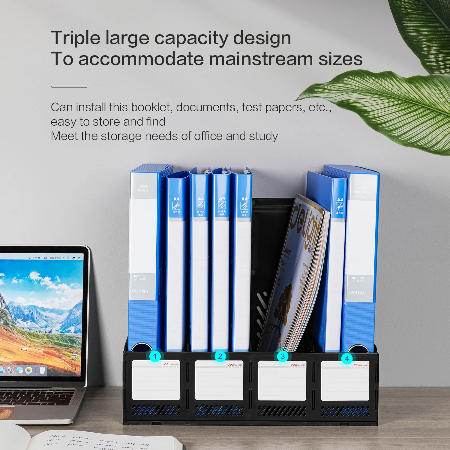 Deli Magazine File Book Holder Desktop Organizer , 4 Compartments, Plastic,Gray,Black 3