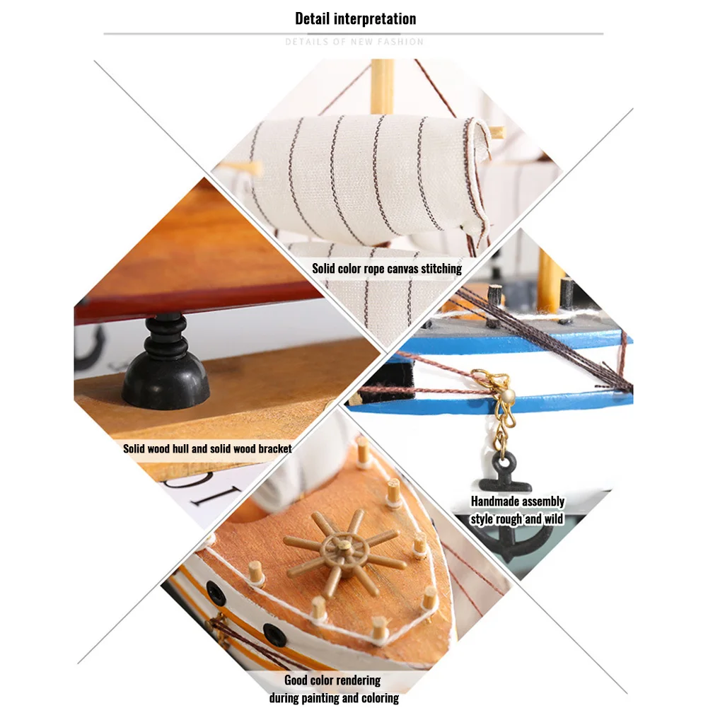 Desktop Sailboat Decoration Wood Nautical Sailing Boat Table Ornament With Light String Sailboat Model Ornament For Home Office