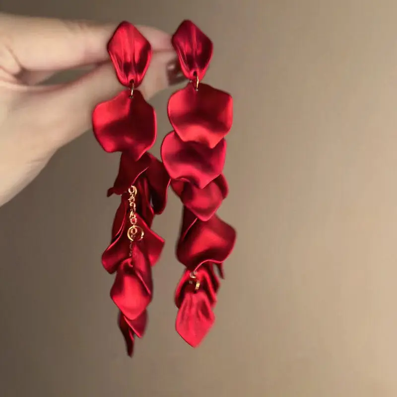 Bohemian Rose Petal Earrings Flower Red Yellow Blue Colors Flower Drop Earrings Long Tassel Party Wedding Jewelry