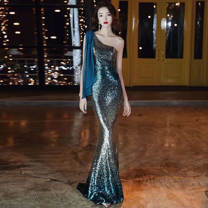 

Harajpee Fish Tail Dress 2024 Autumn New Skew Shoulder Banquet Gradient Sexy Fish Tail Evening Dresses Party Night Prom Vestido