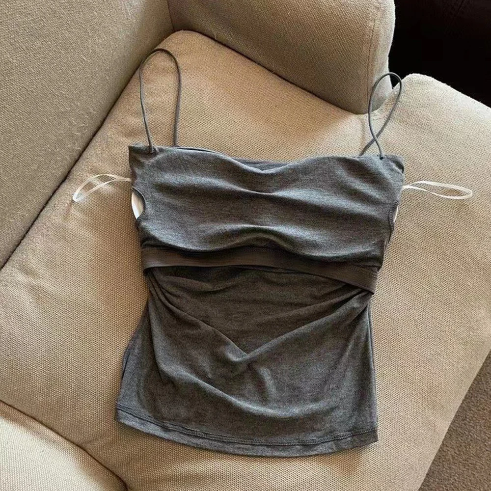여성용 탱크 탑, 브래지어 내장 스파게티 스트랩 탱크, 단색 캐주얼, 여름 캐미스, 한국 스타일