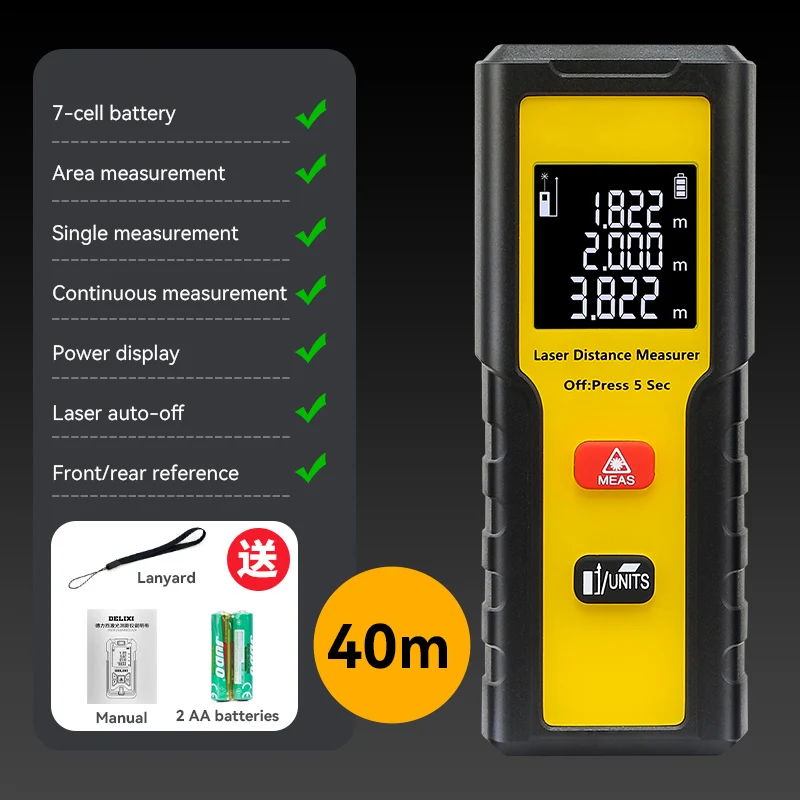 מד טווח לייזר חכם באורך 60 מטר, מציג טווח לייזר חכם, מד טווח דיגיטלי עם סרגל לייזר, מדידת סרט לייזר לבנייה