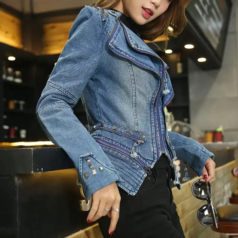 

Женская джинсовая куртка с длинным рукавом, Повседневная Свободная джинсовая куртка с заклепками и отложным воротником, верхняя одежда, осень 2023