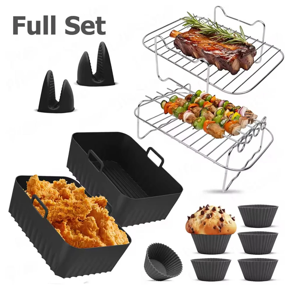 Enhanced Air Fryer Accessories Set with Silicone Basket, Muffin Cup, BBQ Rack, and Gloves