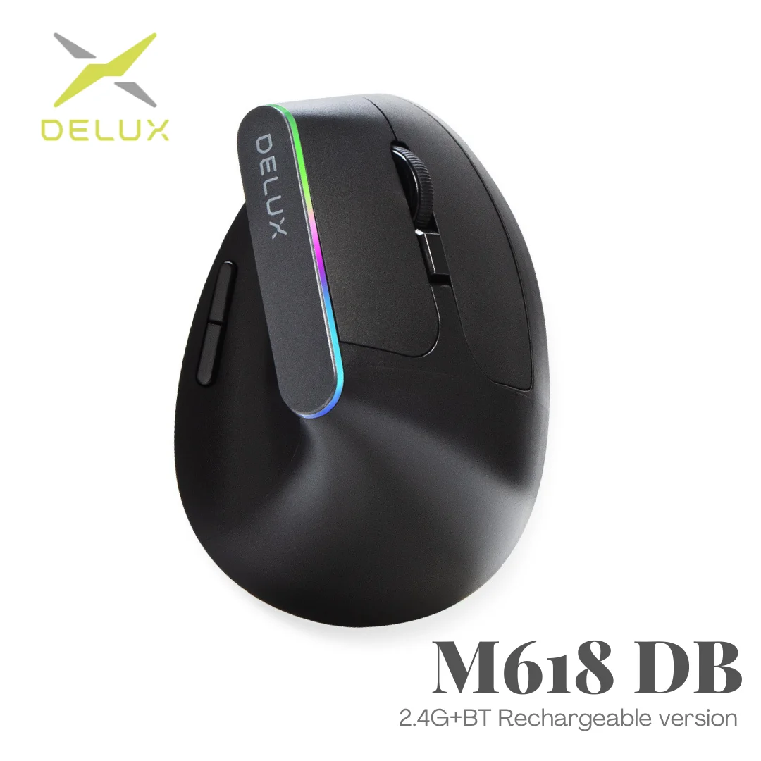 Delux-mouse Ergonômico Vertical sem Fio Recarregável Rgb Bluetooth 2.4g 4000dpi Jogos Ratos para Laptop pc