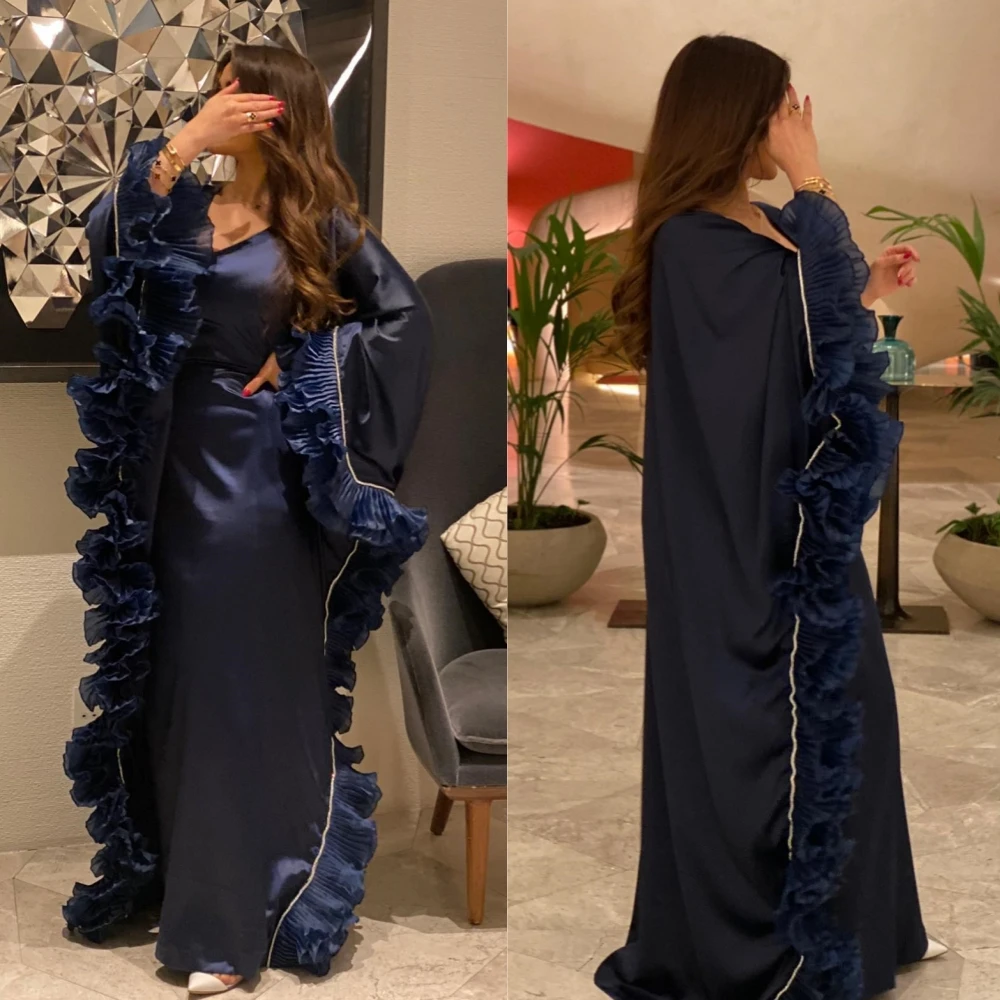 Jiayigong  Satin Ruffles Draped Engagement A-line V-Neck Bespoke Occasion Dresses Floor-Length