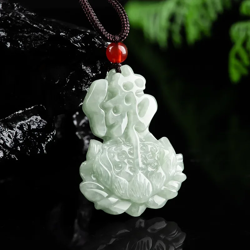 

Burmese Jade Lotus Pendant Choker Emerald Carved Designer Necklace Luxury Natural Green Jadeite Jewelry Men Fashion Gemstone