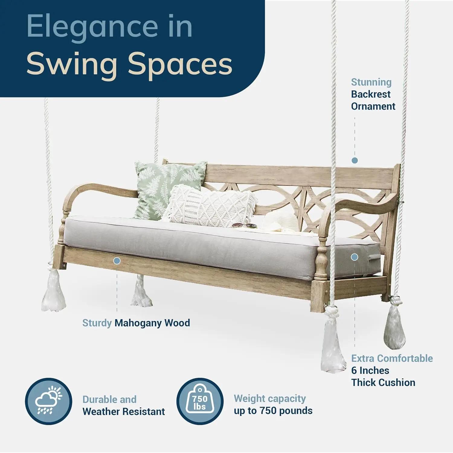 Teak Wood Outdoor Swing Daybed Oyster Cushion with Corrosion-Resistant Chains and Removable Cover Spacious 3-Seater Patio Swing 4