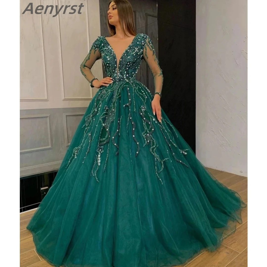 

Luxury Green Women's Prom Dresses Lace Appliques Beads Sexy V-Neck Long Sleeve Tulle Illusion Celebrity Plus Size Evening Gowns