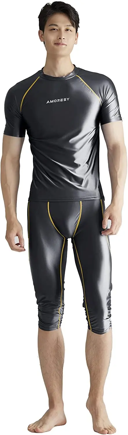 AMORESY Uranus series men's short-sleeved T-shirt stretch luster comfortable fitness shirt quick dry running compression clothes male swim rash guard football shirt men fitness pants