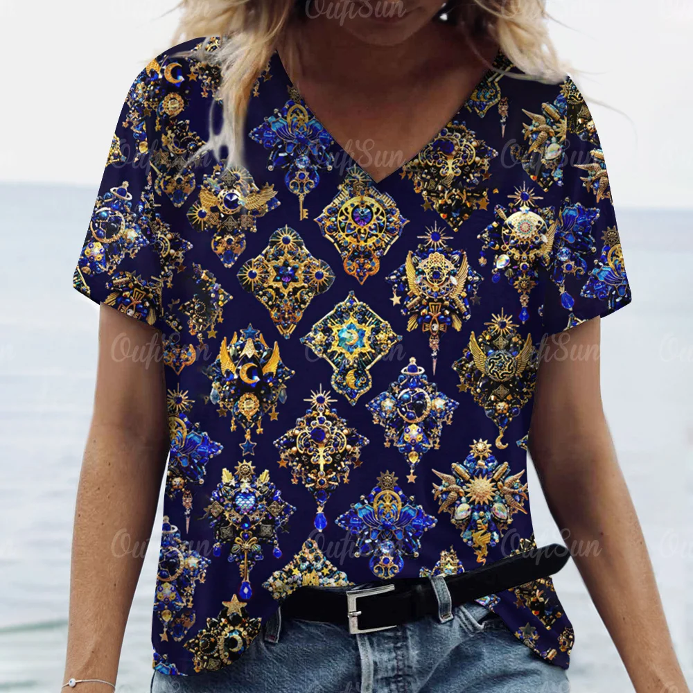 

Women's T-shirts 3D Colored Diamond Gemstones Printing Summer Fashion Casual Loose Clothing V-neck Short sleeves Tee For Women