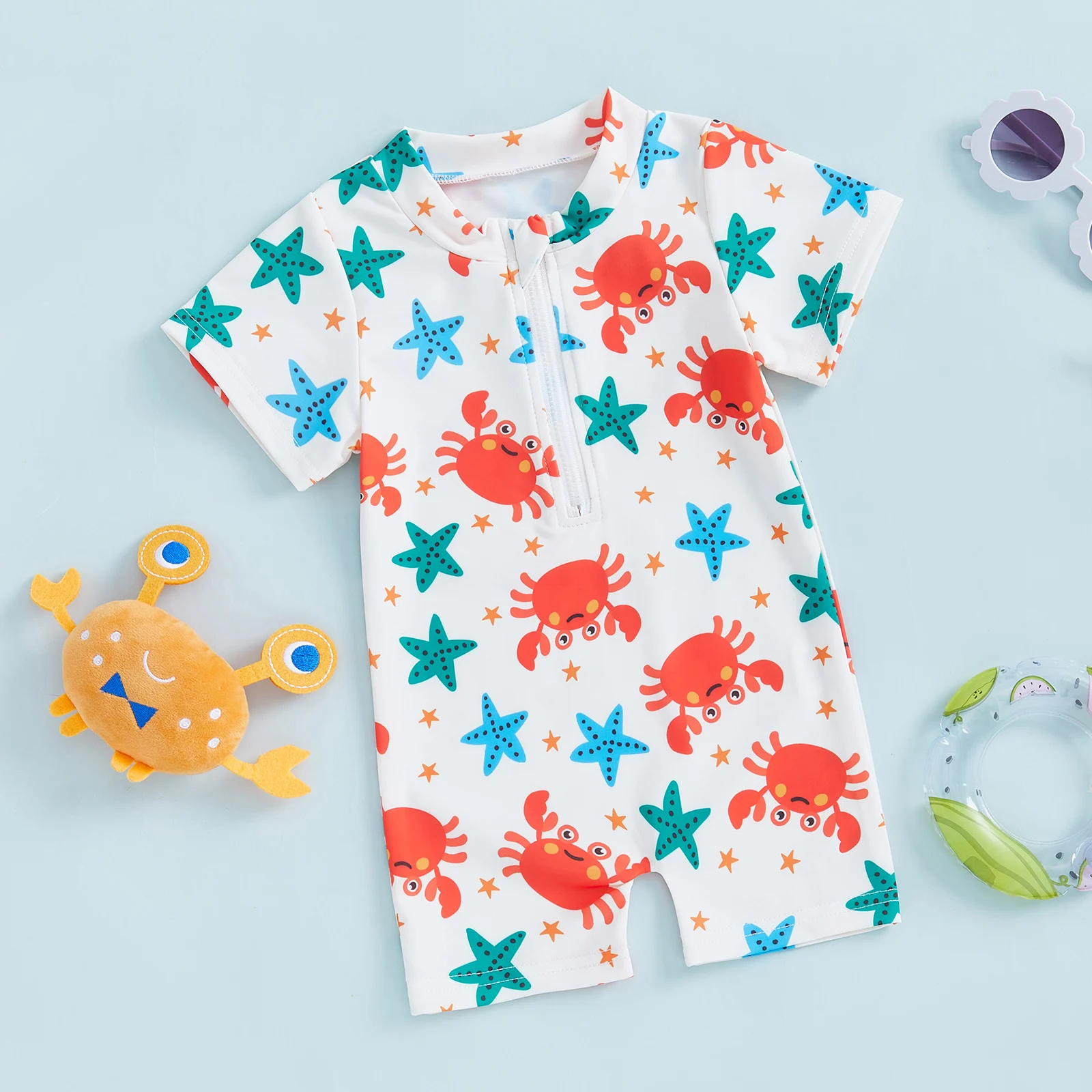 Toddler Summer Swimwear for Baby Boys Rash Guard Swimsuits Crab Starfish Print Zipper Short Sleeve Sun Protection Bathing Suit