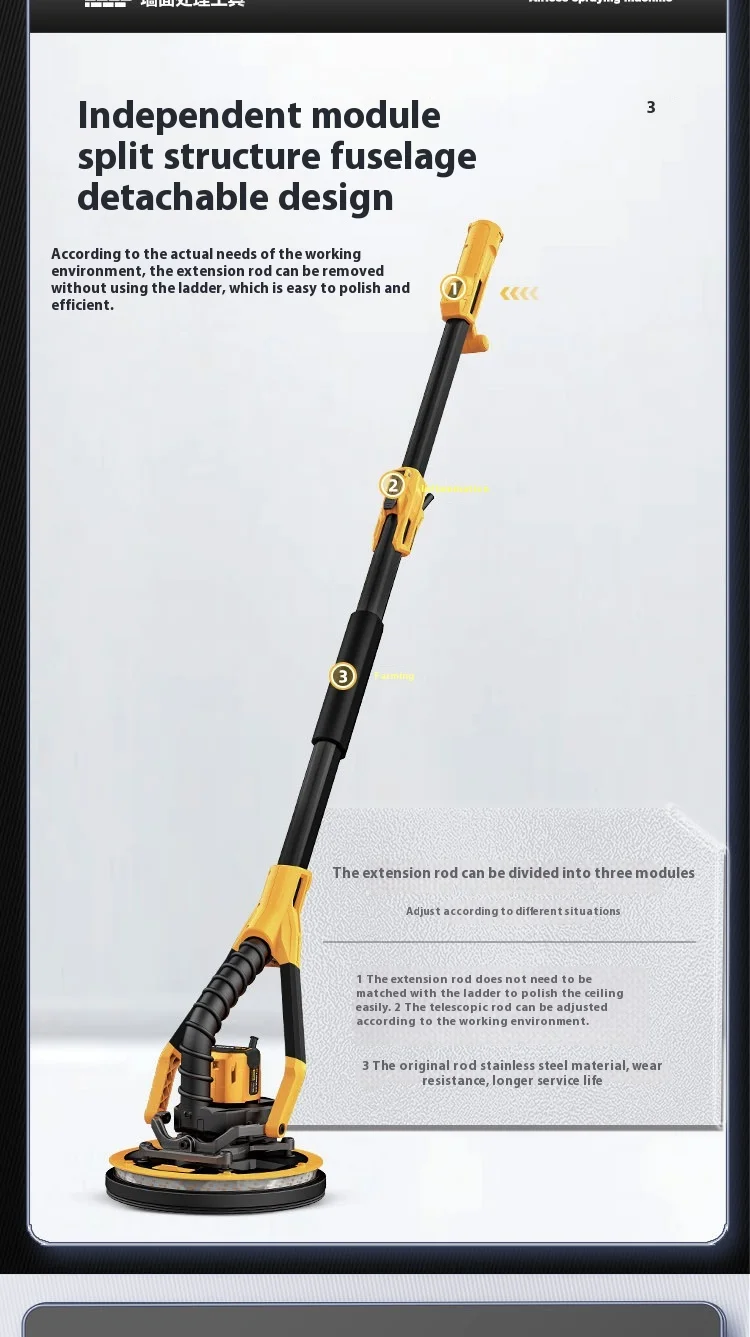 Brushless Electric Wall Polisher with Double Light Long Pole 220V Sandpaper Grin