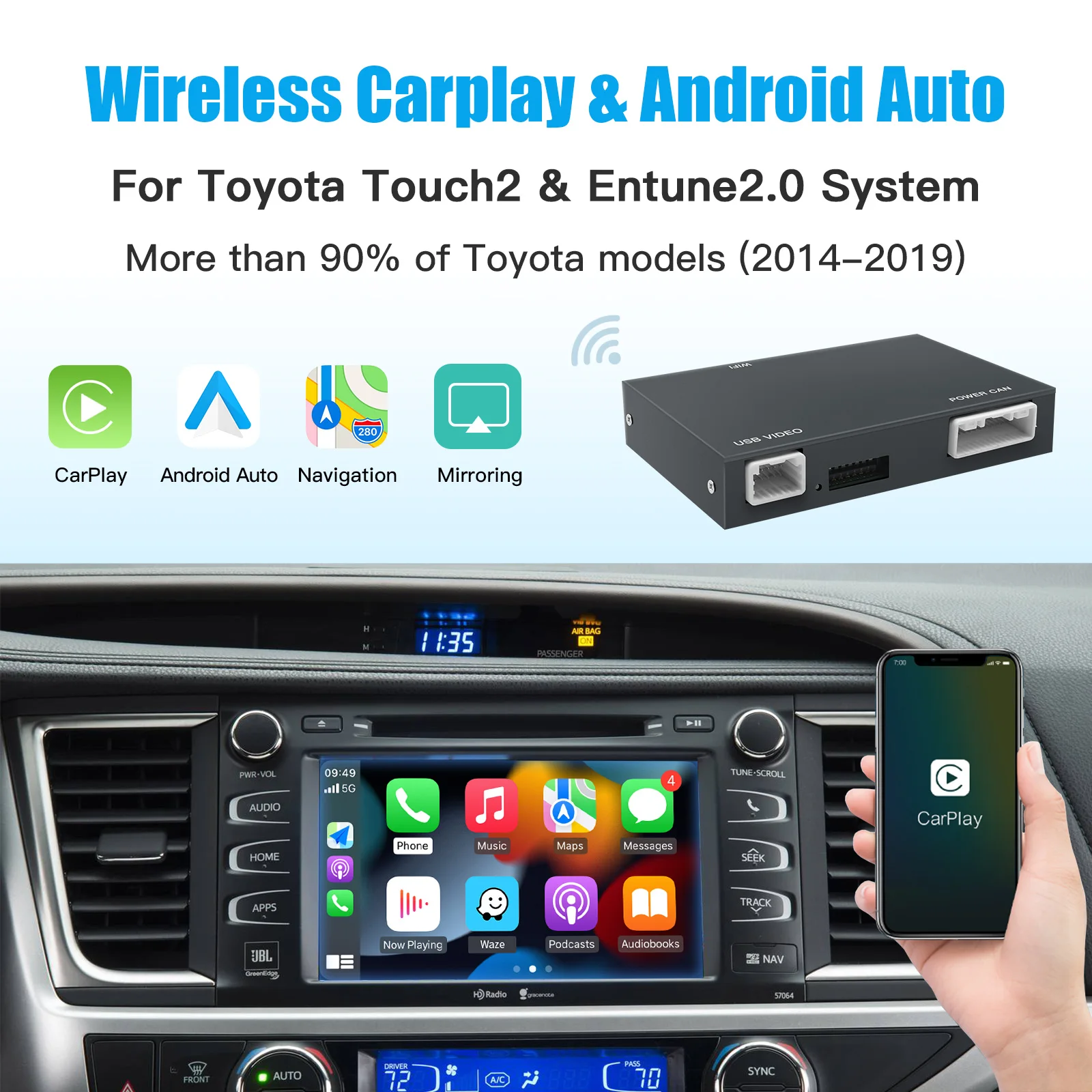 Bezdrátový Carplay pro Toyota 2014-2019 HIGHLANDER 4runner tundra RAV4 tacoma přistát curiser prado auris smrtící avalon Android auto dekodér