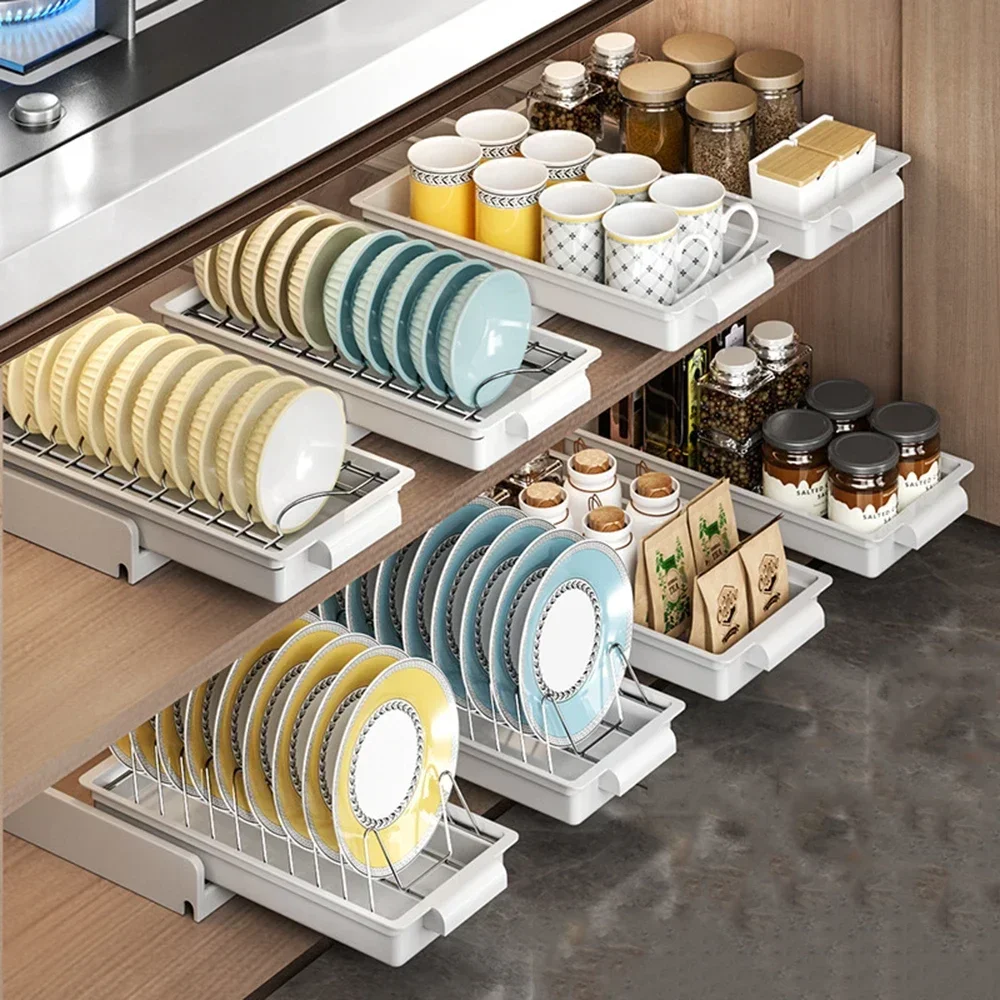 

Dishes Drawer Tableware Rack Kitchen Bowls Organizer Cabinet Drying Pull-out Sink Drainer Storage Sliding Holder Dish