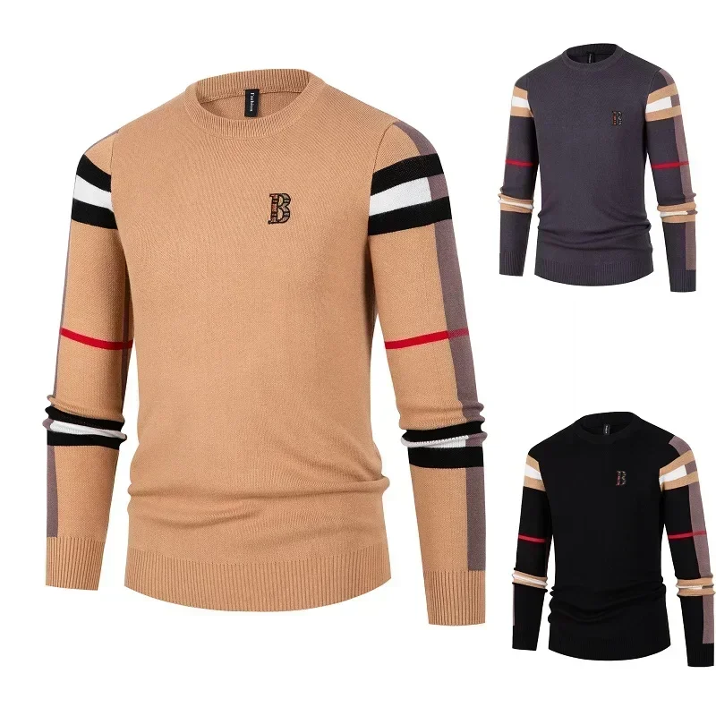 

Men's Sweater Knitted Pullover 2024 Autumn/Winter New Soft Warm Striped Checker Round Neck Sweater Casual Fashion Men Clothing