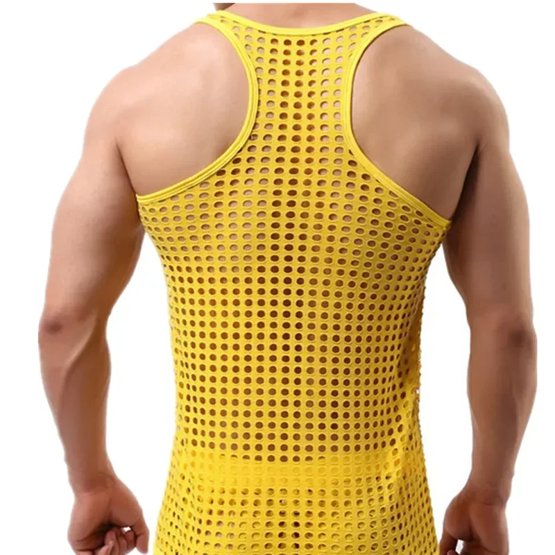 Men's Sexy Sheer Mesh Hollow Out Tank Tops Boxers Shorts Gay Male Muscle See-through Breathable Fishnet Gym Fitness Vests Trunks