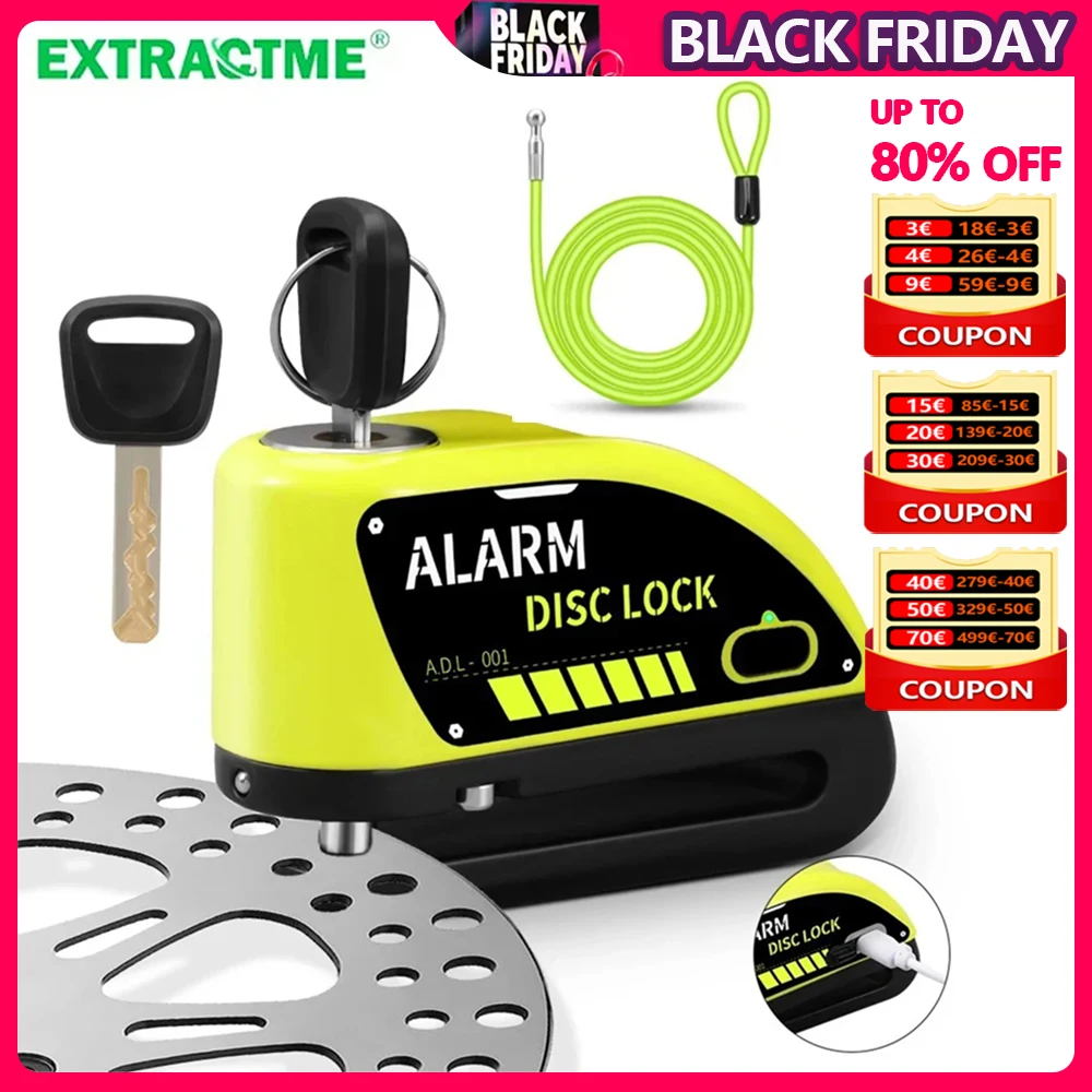 Gadpow อุปกรณ์ล็อคจักรยานยนต์ดิสก์เบรก120dB แบบชาร์จไฟได้, ล็อคล้อนิรภัยกันขโมยกันน้ำพร้อมสายเคเบิลยาว1.8เมตร 1