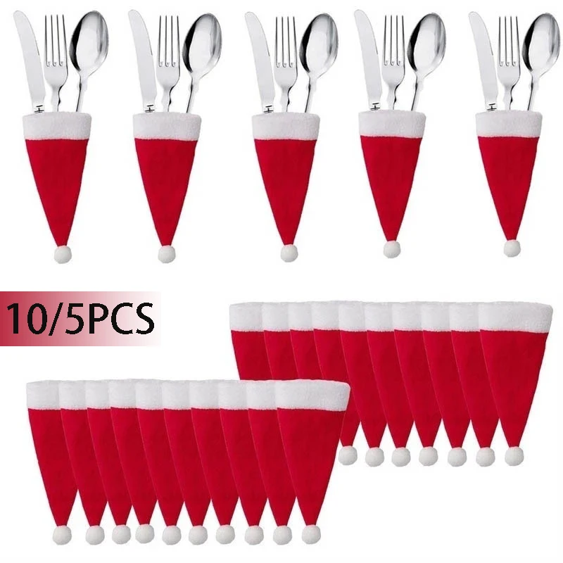 10/5pcs Xmas hat Decorations Kitchen Fork Knife Cutlery Storage Holder Bag Pocket Spoon Bags Dinner Table Decor Ornament navidad