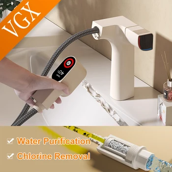 VGX Rubinetti per bagno purificati Rubinetto con filtro dell'acqua estraibile Miscelatore per lavabo bianco Rubinetto per lavabo Display a LED gourmet Gru per rubinetteria in ottone 1