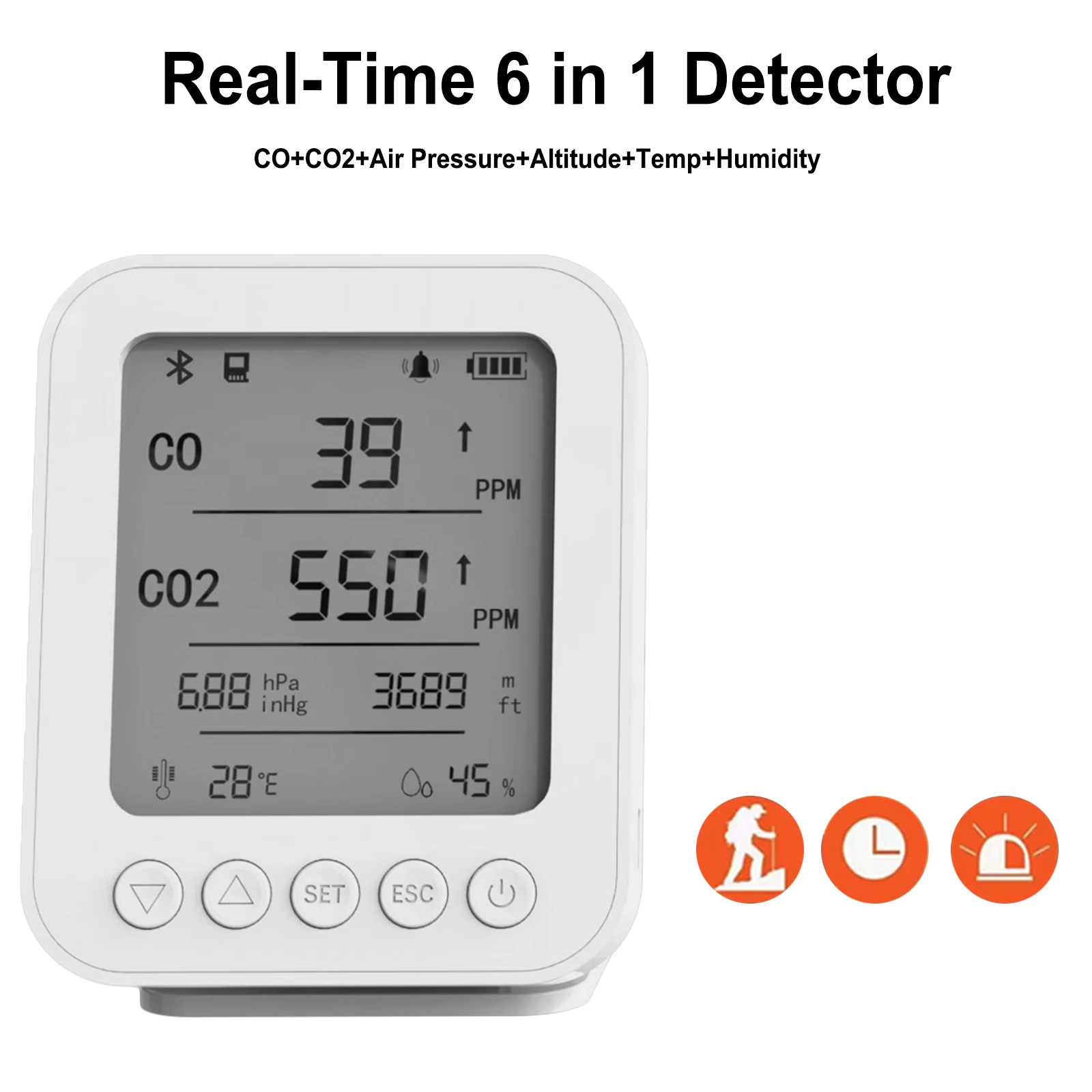 

6 In 1 Vehicle Air Warning Monitor Intelligent Terminal CO CO2 Air Pressure Altitude Temp Humidity 24 Hours Real Time Monitoring