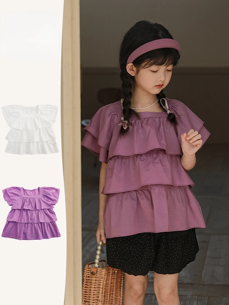 

2023 летняя рубашка для девочек с оборками по краям, двухслойная рубашка для кукол с летающим рукавом, детский топ с квадратным вырезом и коротким рукавом из искусственного хлопка