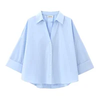 Autumn New European and American Loose Collar Curled Wide Sleeve Cotton Blended Buckle Poplin Shirt