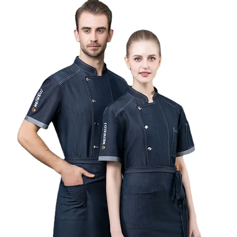 Denim Chef Work Uniform Short Sleeves Summer Hotel Restaurant Catering Bakery Post-Kitchen Workwear Men's Chef Outfit