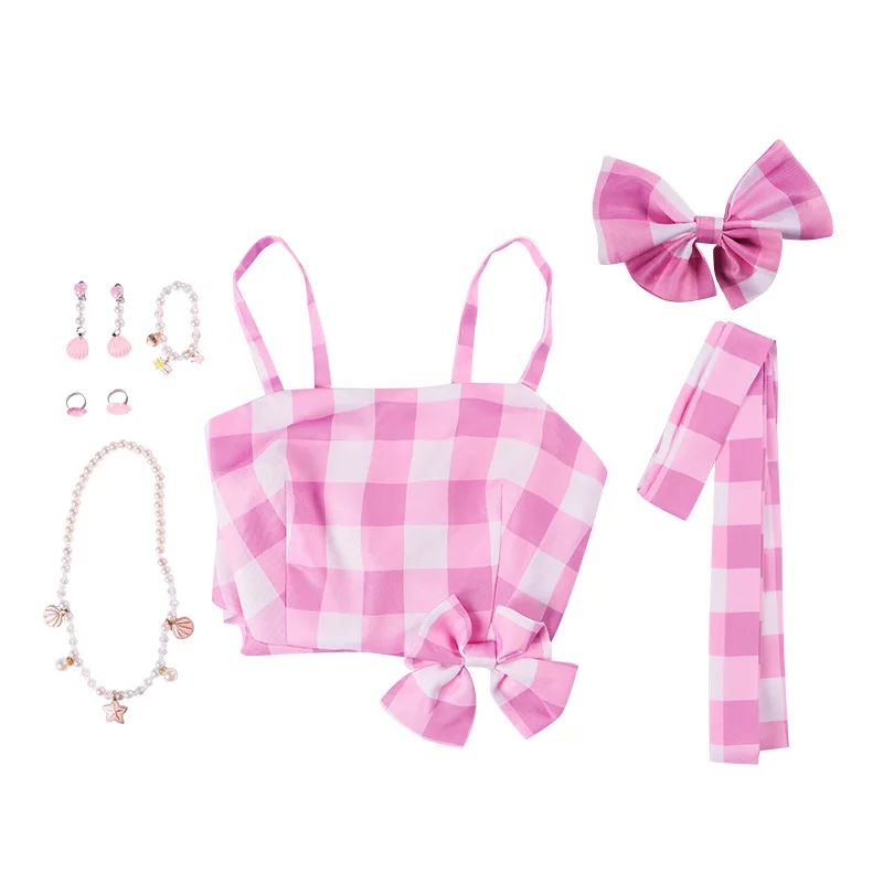 Vestito da bambina Barbi Costume 2023 Nuova moda rosa plaid dolce  abbigliamento Halloween Bambini senza maniche con cinturino Abiti per 2-12  anni