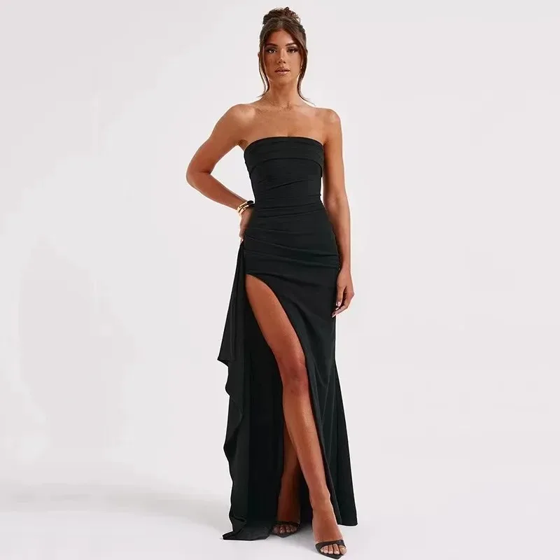 Slash Neck Strapless Evening Dress Casual Sleeveless Slit Long Dress Elegant Backless Sexy Dress Summer Party Dress 5969