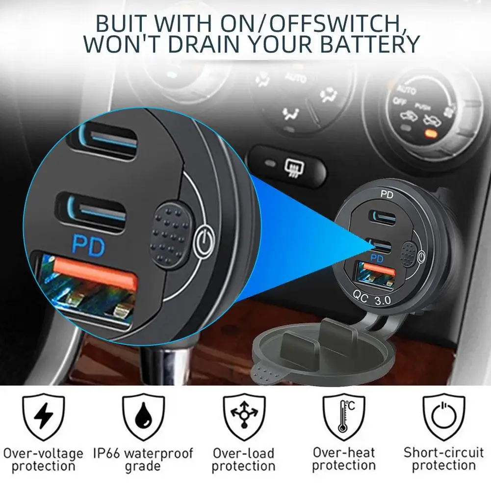 

Автомобильное зарядное устройство для RV лодки QC3.0 и PD Type C 3 порта USB розетка переключатель с адаптером автомобильный вольтметр алюминиевое металлическое зарядное устройство Quick C V5P3