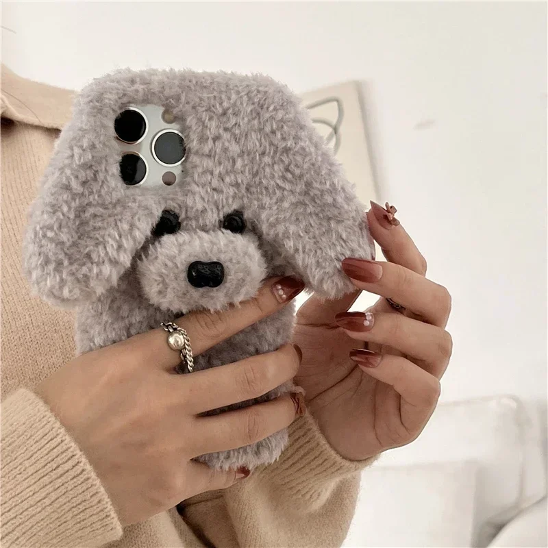 3D Teddy Dog Cartoon Phone Case with Cute Rabbit Fur Cover
