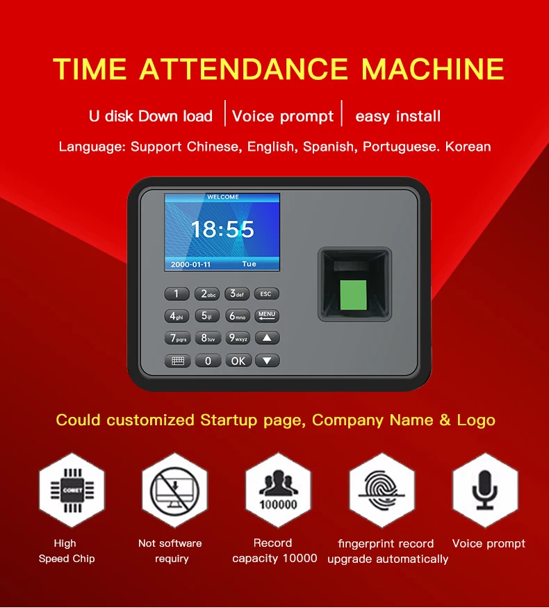 2.4" Muti-Language Fingerprint Attendance Biometric Machine System Employee Keypad Electric Time Clock Recorder USB Data Manage