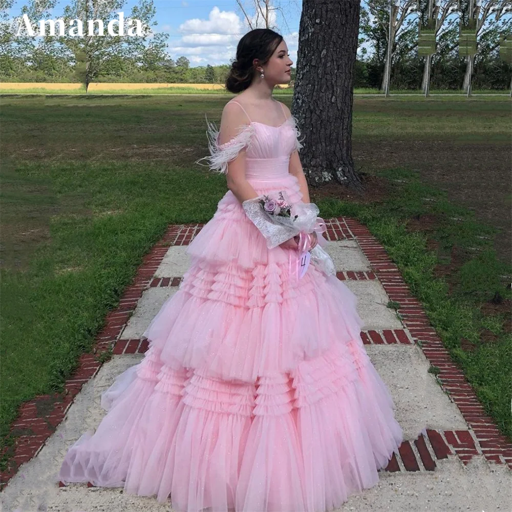 

Amanda Princess Multilayer Prom Dress 2024 Sweet Feather Strap Puffy Vestidos De Fiesta Sexy Puffy Evening Prom Dresses