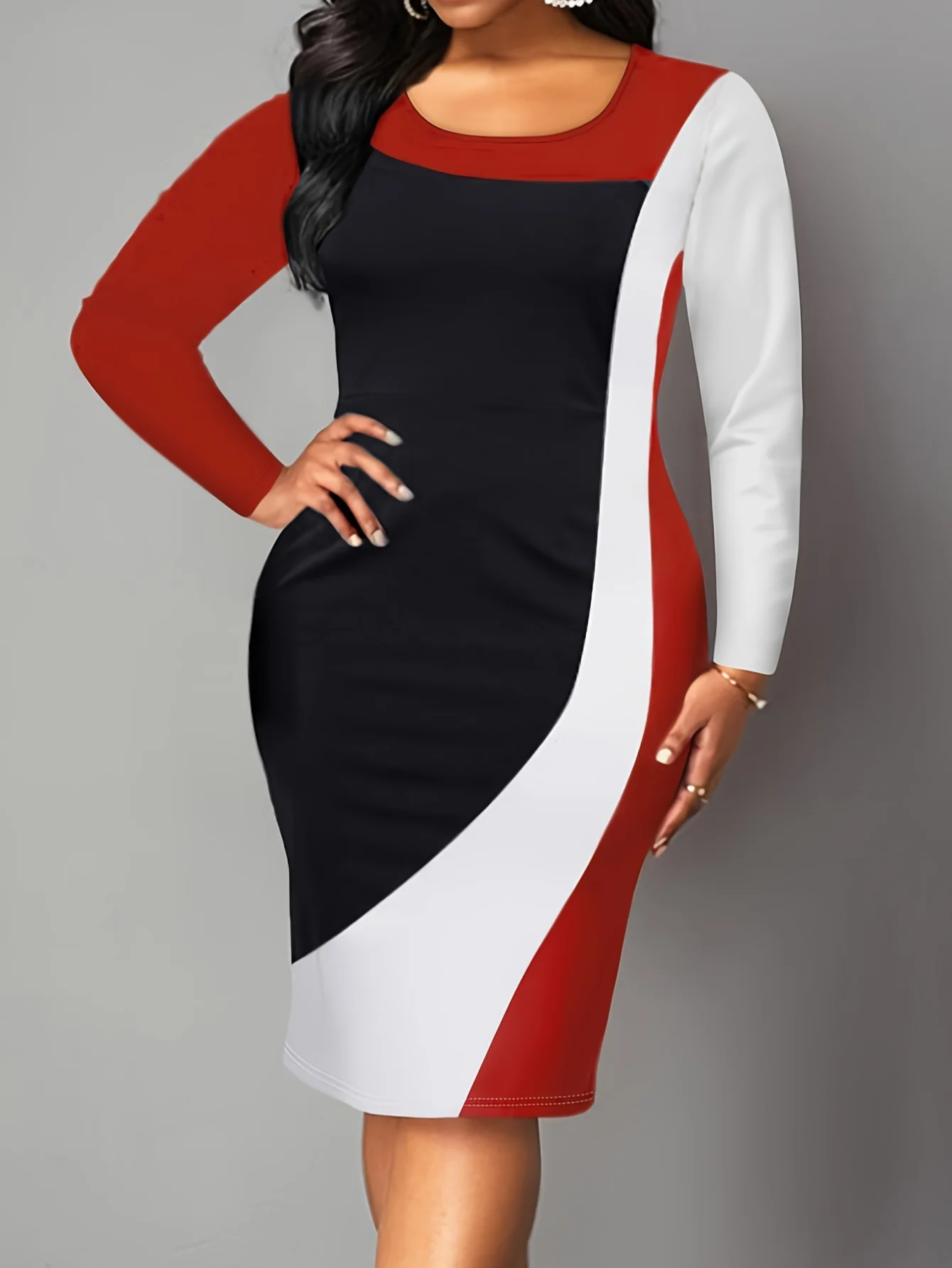 

LW Color Lump Patchwork Bodycon Dress Elegant Colorblock Slim Fit Dress Casual Crew Neck Long Sleeve Vestidos