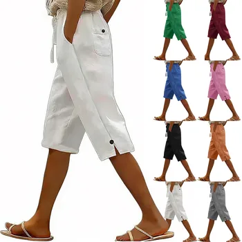 Women's Solid Color Cotton Linen Loose Fit Belted Front & Back Multiple Pockets Capri Pants