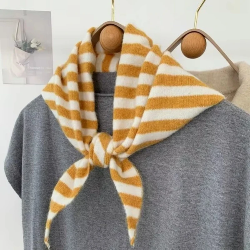 2024 Colorful Stripes with Wool Triangular Binder Decorative Knitted Small Scarf Soft Multi-Functional Small Scarf Collar 4
