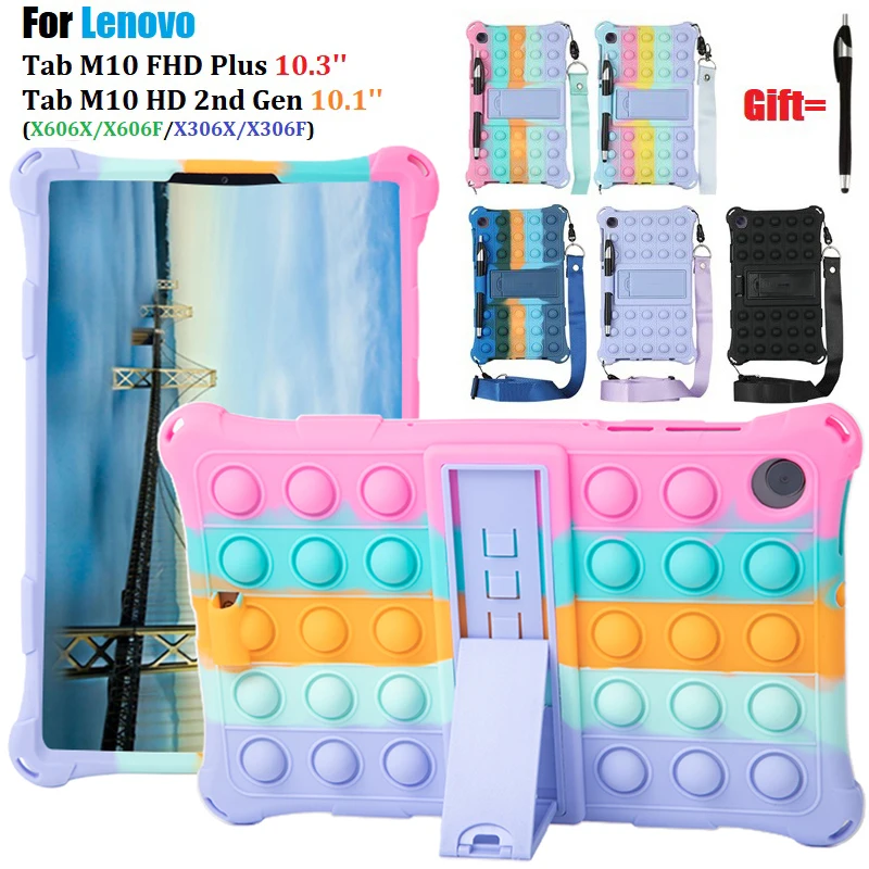 For Lenovo Tab M10 FHD Plus 10.3'' TB-X606F HD 2nd TB-X306 X306F 10.1'' Soft Bubble Case Rainbow Full Body Stand with Stylus |