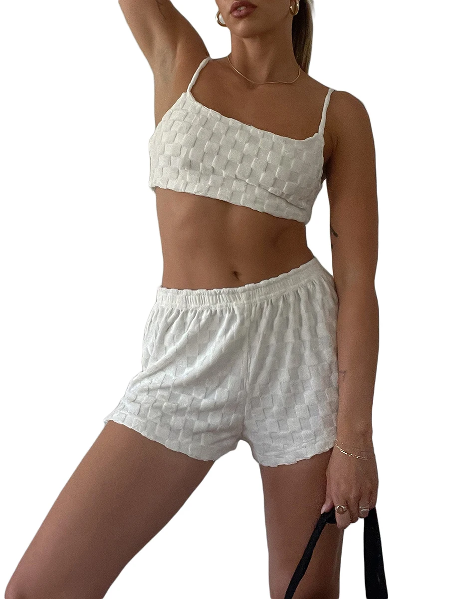 

Women 2 Piece Knitted Outfit Floral Print Summer Crop Top Camis High Waist Stretchy Shorts Set Y2k Two Piece Outfit