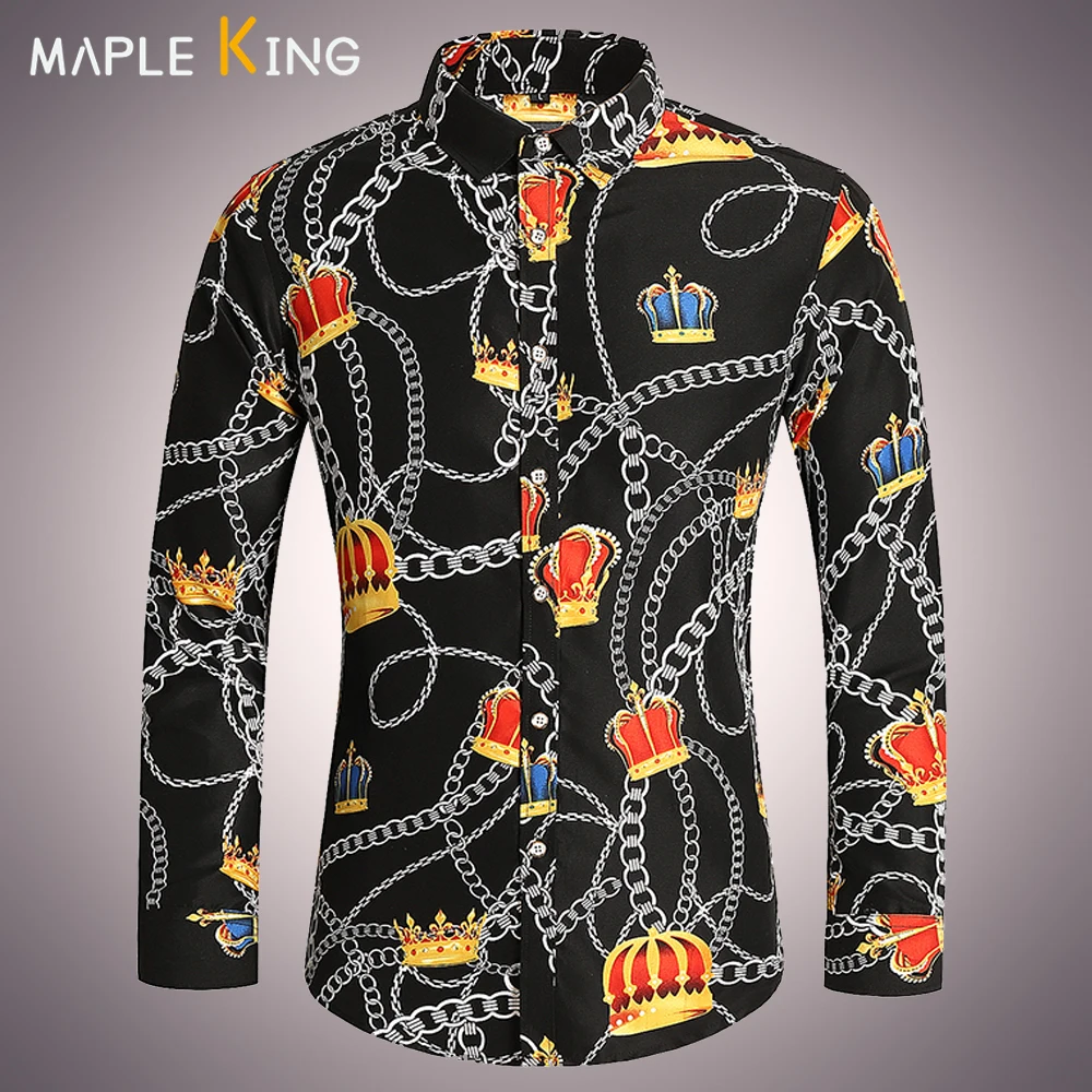 

Shirts Mens 2024 Long Sleeve Designer Luxury Crown Print Hawaiana Hombre Elegant Social Plus Size Mens Business Shirt Blusas Top