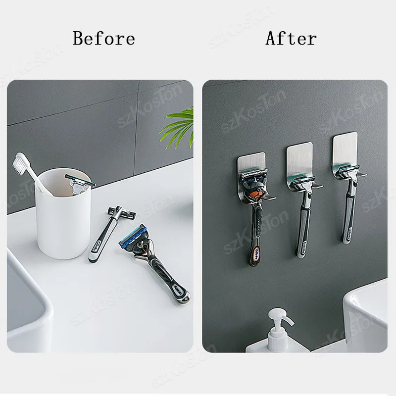 Razor Holder 1-4PCS No-Punch Adhesive Stainless Steel Storage Hook Bathroom Waterproof Wall Mounted Shelf