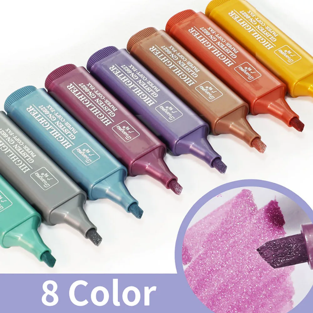 Morandi Highlighter Marker Water-based Pigment Single Head 8 Metallic Color Marker Pen Drawing Stationery Office School Supplies