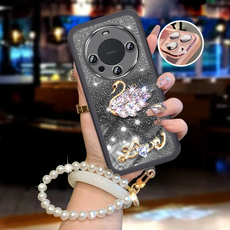 Diamond Swan Mate60, Hülle für Huawei Mate 60 Pro Plus 20 Nova Y61 Y 70 90 91 Perlenarmband Glitzerhülle Mate60 pro+_voghion.com