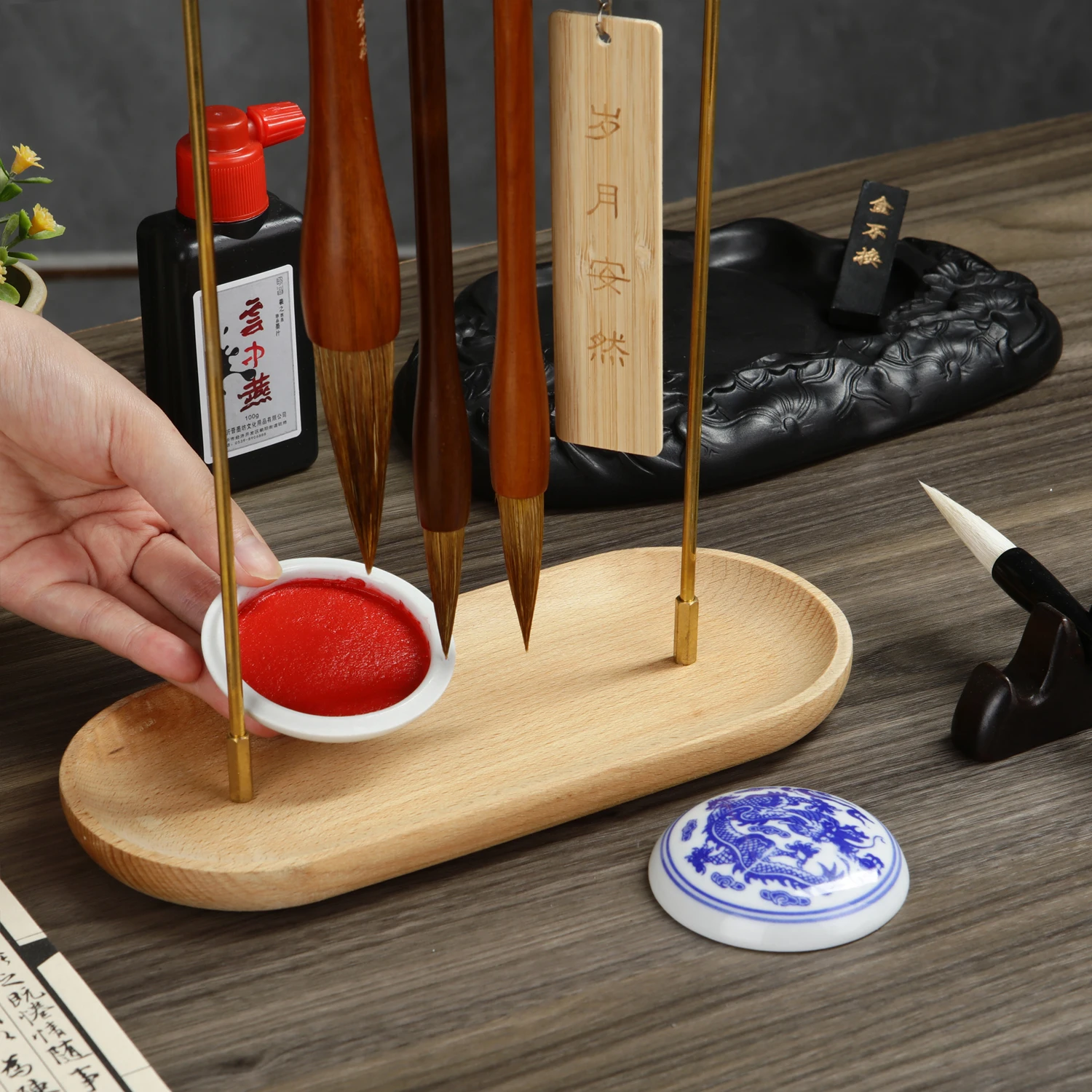 Metal Chinese Brush Pen Holder with Wooden Base Brass Calligraphy Rest Ink Hanger 8 Needles Writing Brush Holder