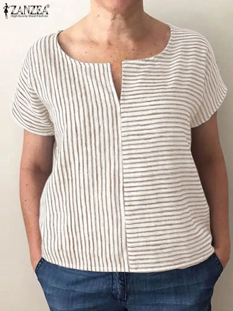 

ZANZEA Summer Casual Holiday Tunic Tops 2023 Woman Stripe Printed Blouse Short Sleeve Loose Blusas Fashion O-Neck Shirt Oversize